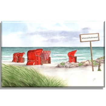 Leinwand 30 x 20 cm Keilrahmen Canvas-Leinen  Aquarell Kunst Maritim Druck Kunstdruck Strandkörbe rot am Meer Ostsee Meer Strand Dünen